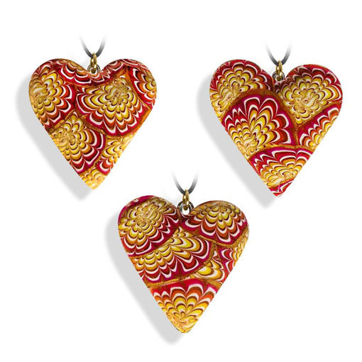 Hjertesmykke Krysantemum, rød&gul, 34x34 mm, med snor -28020727 