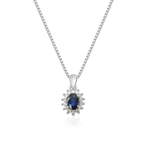 Diamantsmykke Rosett med 0,14ct WSI og safir i hvitt gull 14 kt - 27224