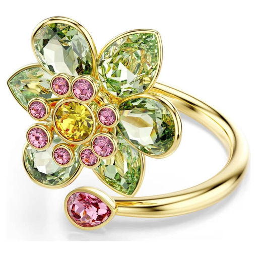 Swarovski Idyllia open ring Mixed cuts, Flower, Green, Gold-tone plated - 5721596