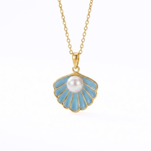 Smykke i forgylt sølv med lys blå coloritt og perle - 3042542