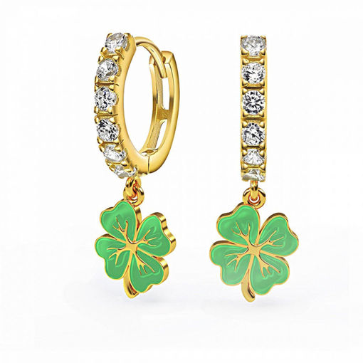 Kreoler i forgylt sølv med cirkonia og grønn firkløver. LIV - 701714