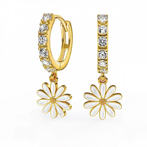 Kreoler i forgylt sølv med cirkonia og hvit prestekrage. LIV - 701303