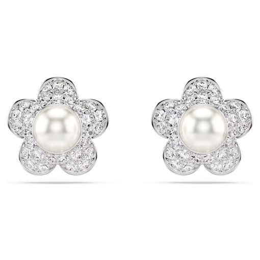 Swarovski øredobber Ariana Grande x Swarovski stud earrings Crystal Pearl, Round cut, Flower, White, Rhodium plated - 5756098