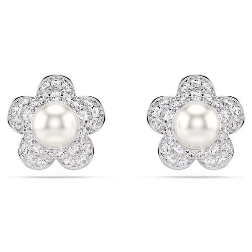 Swarovski øredobber Ariana Grande x Swarovski stud earrings Crystal Pearl, Round cut, Flower, White, Rhodium plated - 5756098
